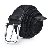 high quality women men knitted silver black pin buckle belt woven canvas elastic braided stretch belts plain webbing strap