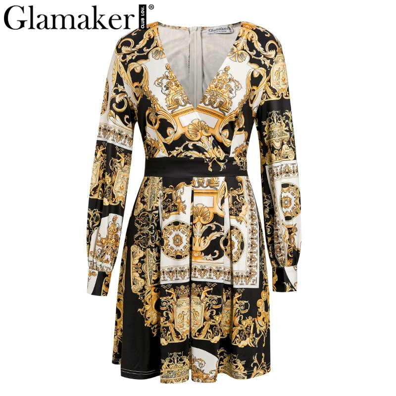 Glamaker, сексуальное мини-платье с принтом пейсли, женское летнее Клубное платье с длинным рукавом и высокой талией, женские винтажные вечерние элегантные платья vestido - Цвет: V neck dress