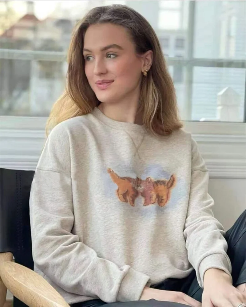 

2021 Autumn Cat Cartoon Printed Women's Fleece Loose Round Neck Off Shoulder Long Sleeve Top