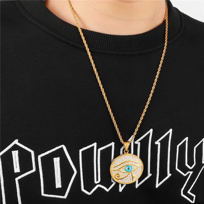 

Bling Iced Out Turkish Evil Eye Necklace & Pendants Paved Pendant Stainless Steel Chain For Men jewelry