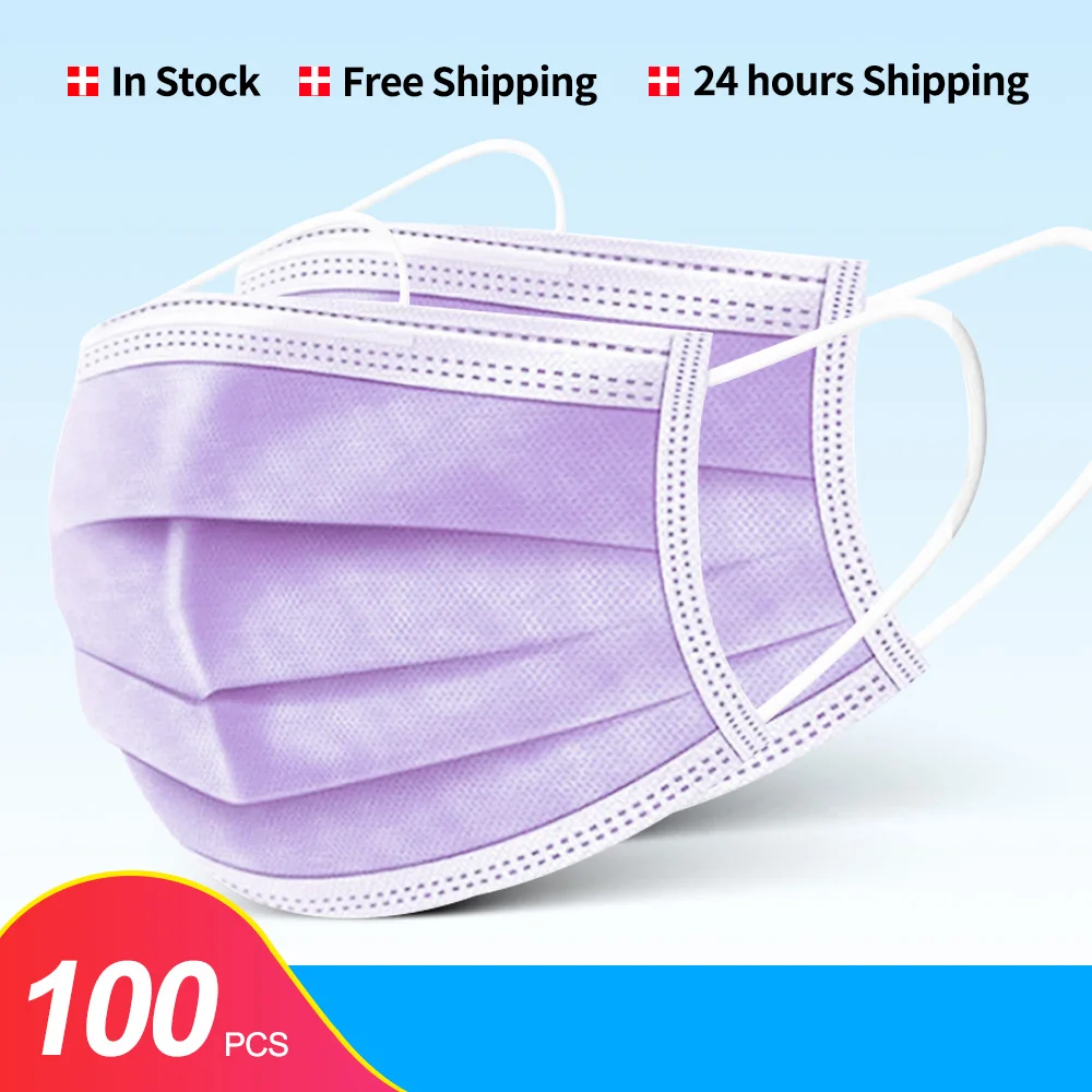 

100PCS Disposable Purple Adult Protective Mask Anti Dust 3 Layers Filter Earloop Non Woven Face Mouth Mask for Men Women