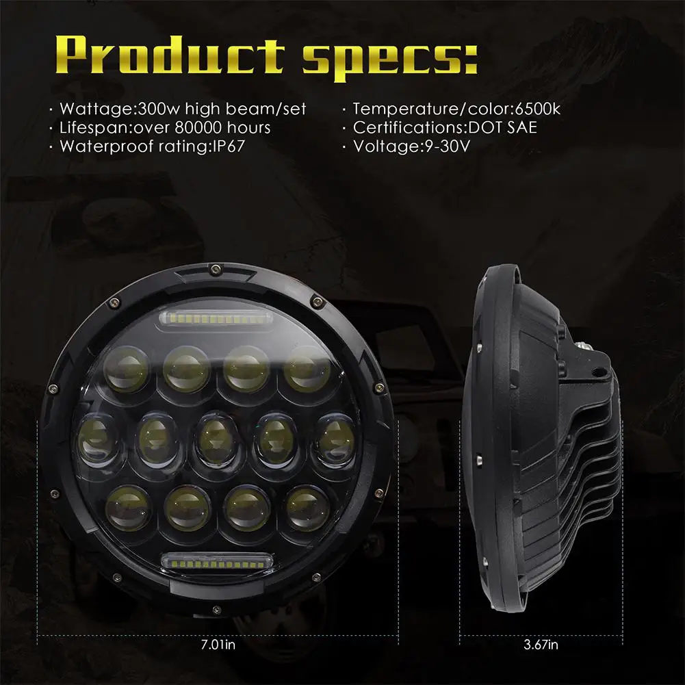 1Pcs H4/H13 7 Inch 300W Car Round LED Headlight High Power Bulb Turn Signal Light White Lamp Headlamp for Je ep | Автомобили и