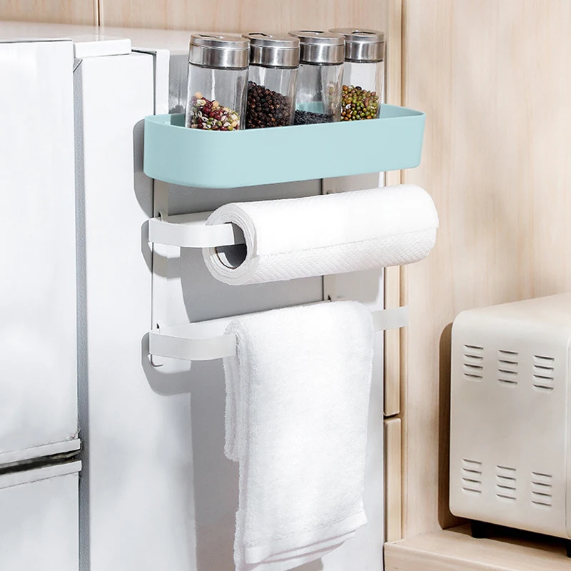 

Multifunctional Kitchen Hanger Rack Refrigerator Hanging Shelf With Paper Towel Rack Iron Craft Storage Shelves Hooks Organizer