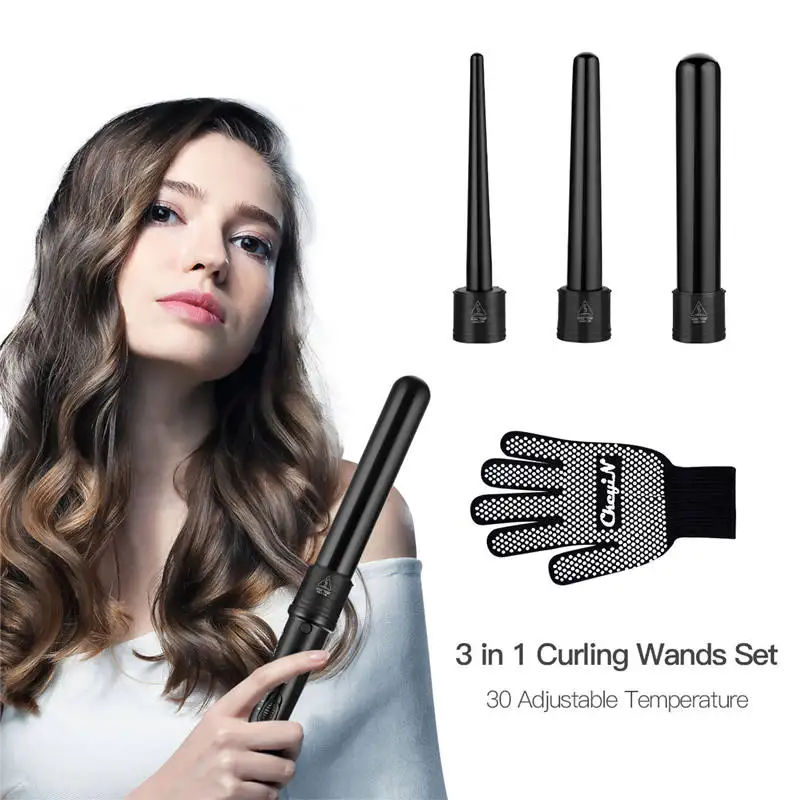 

CkeyiN Hair Curlers Kit 3 in 1 Multifunctional Curling Iron with Interchangeable Hair Curling Wands Set with Anti-Scald Glove 30