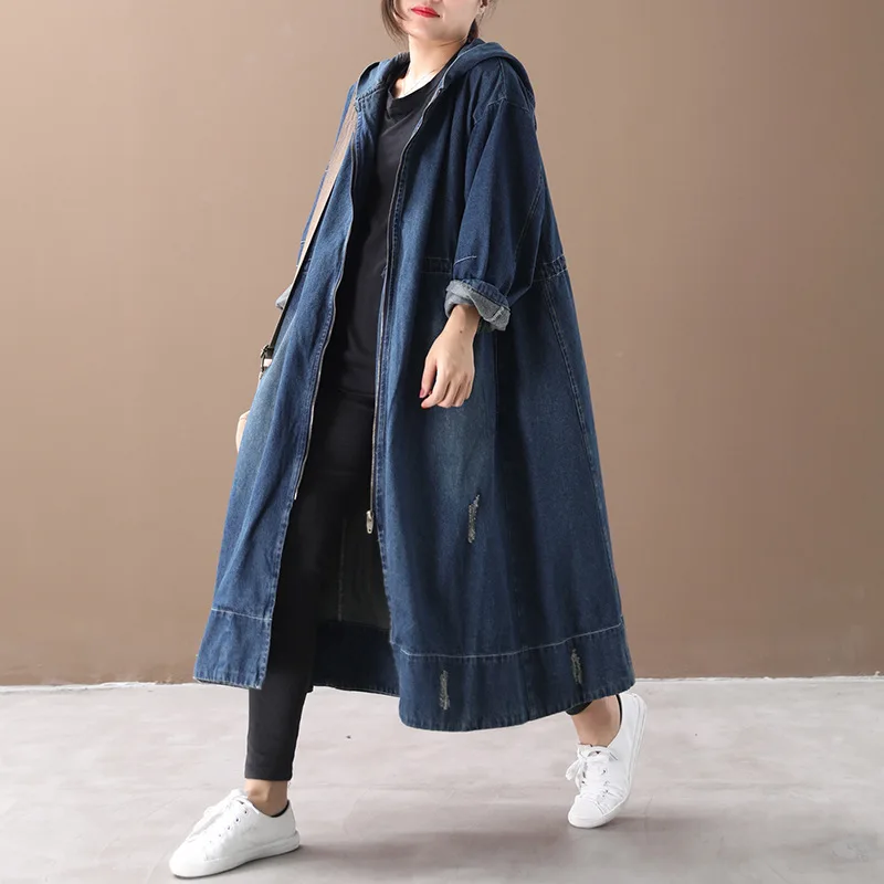 Осенне зимний женский плащ большого размера Длинное свободное джинсовое пальто