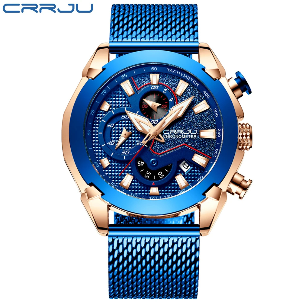 blue CRRJU спортивные часы с хронографом, минималистичные повседневные Стальные наручные часы, мужские Модные спортивные водонепроницаемые часы с синим ремешком, часы для мужчин - Цвет: blue