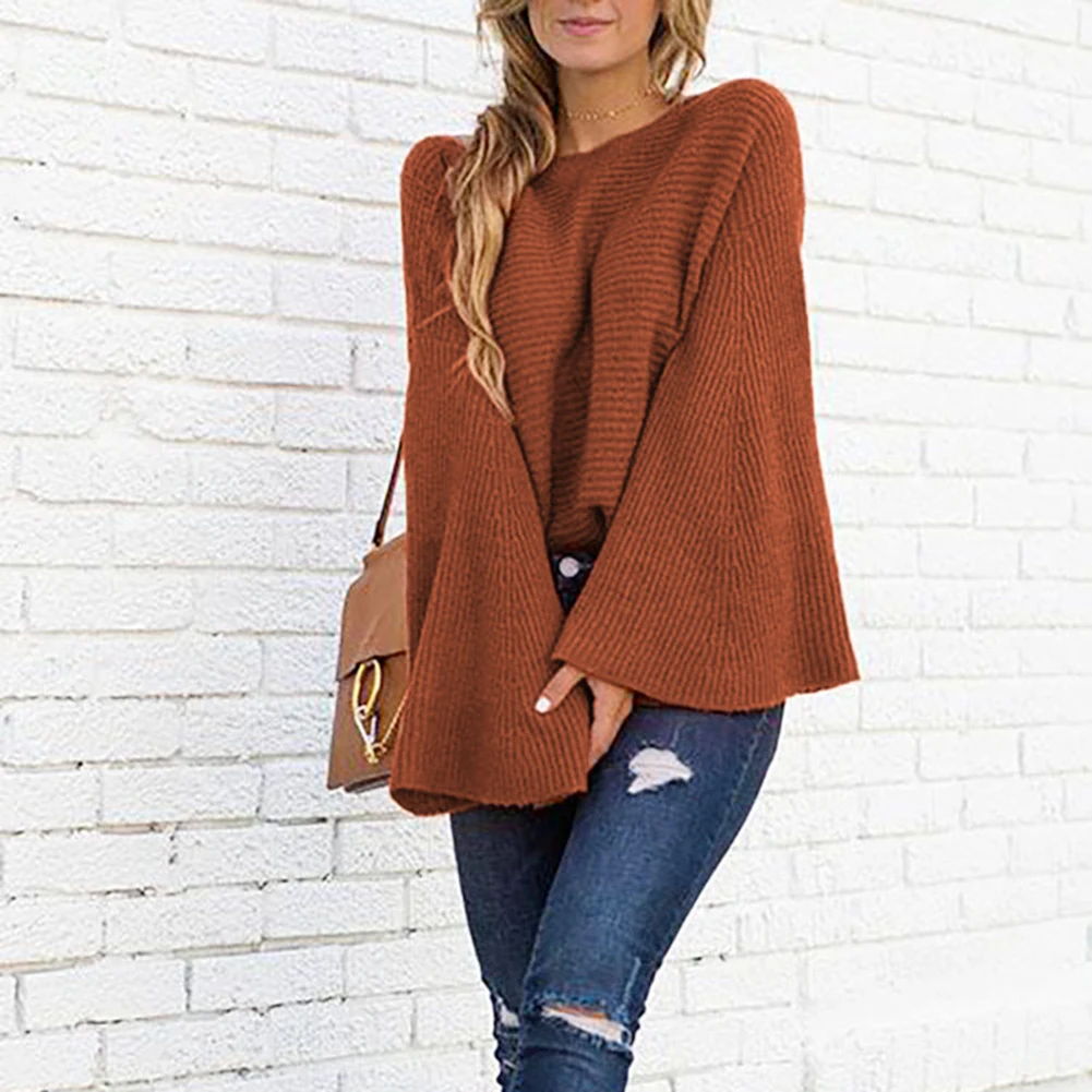

Autumn Women Sweaters Long Flared Sleeve O Neck Sweaters for Women Knitted Sweater Jumpers Women Sweaters Pullover pull femme