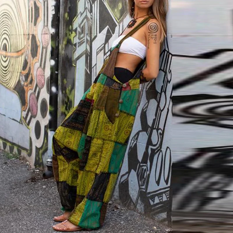 

90s Vintage Print Loose Jumpsuit For Women Summer Casual Sleeveless Straps Overall Female Elegant Off Shoulder Romper Streetwear