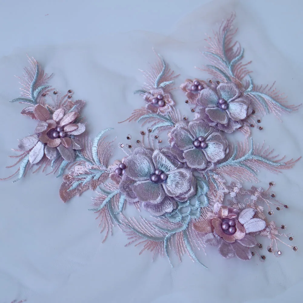 Разноцветные вышитые бисером цветочные кружевные аппликации для свадебного