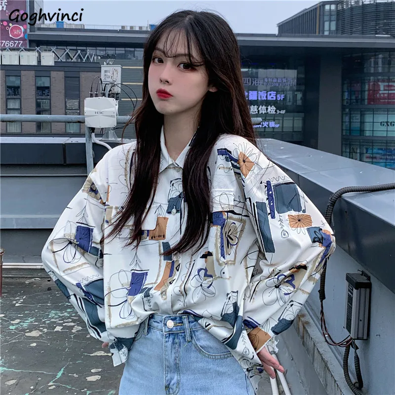 Blouses Shirts Women Spring Printed Harajuku BF Loose Streetwear Students Chic Leisure Vintage Outwear Womens Blusas All-match