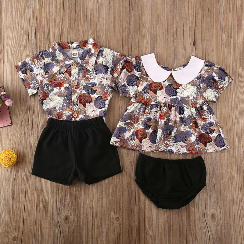 Fashion Newest Sister Brother Family Matching Outfits Cute Floral Kids Baby Boys Girls T-Shirt+Shorts 2Pcs Clothes Set | Мать и ребенок
