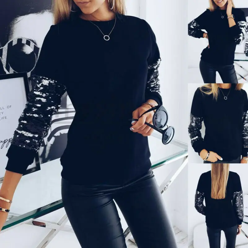Женские футболки в повседневном стиле украшенные пайетками длинный рукав
