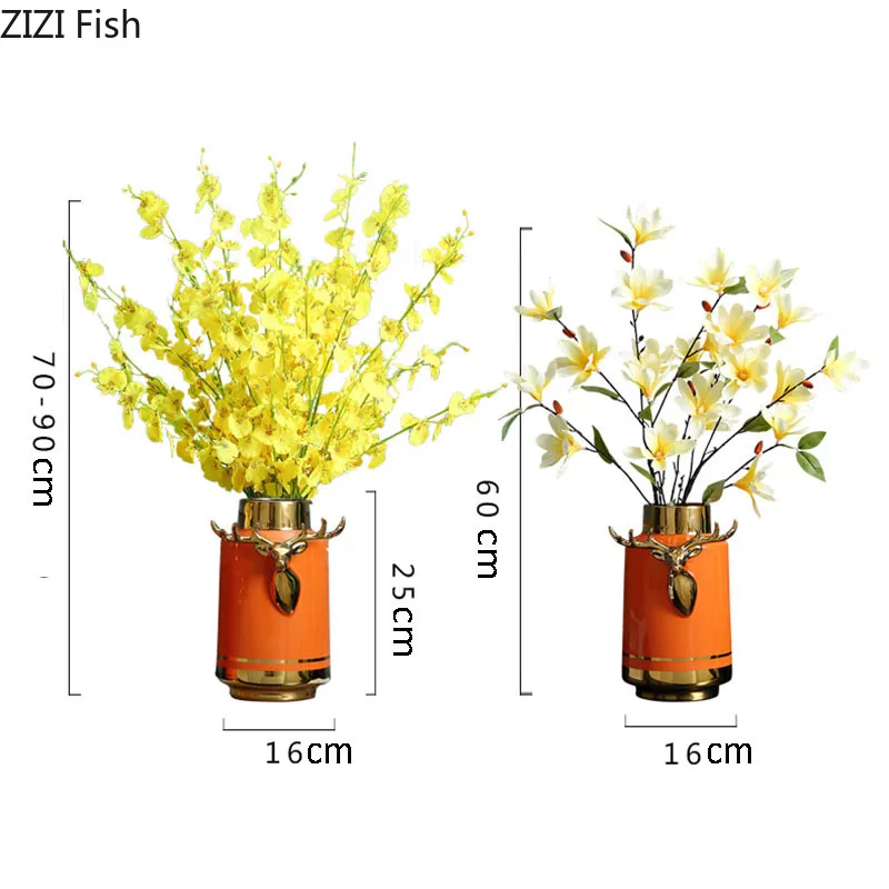 Golden Stripes Ceramic Vase Orange Flower Pot Floral Arrangement Crafts Porcelain Vases Home Decoration Accessories Modern | Дом и сад