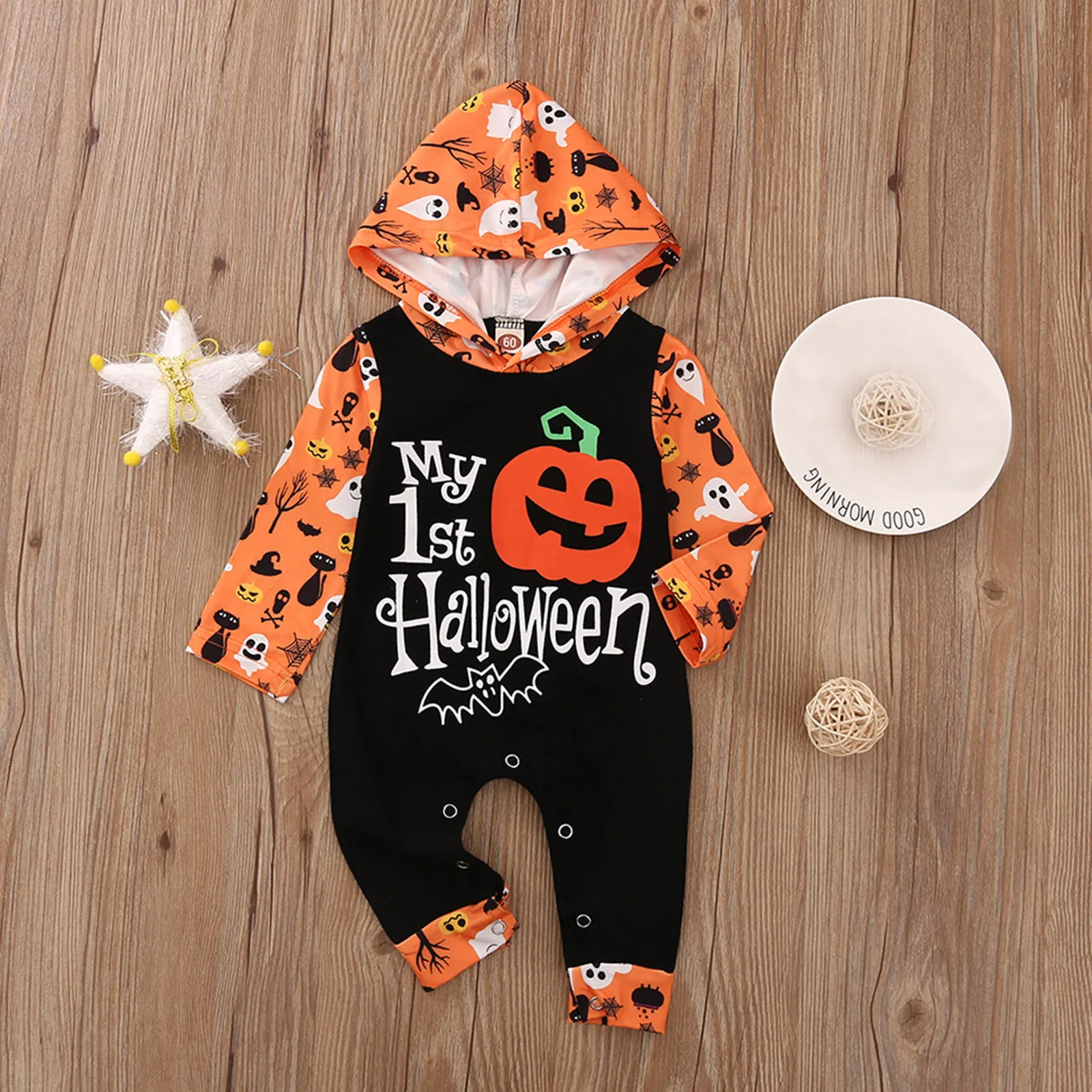 

Baby Romper Clothes For Newborns Winter Long Sleeve Halloween Cartoon Pumpkin Letter Printed Hoodie Jumpsuit Baby Girl Clothes