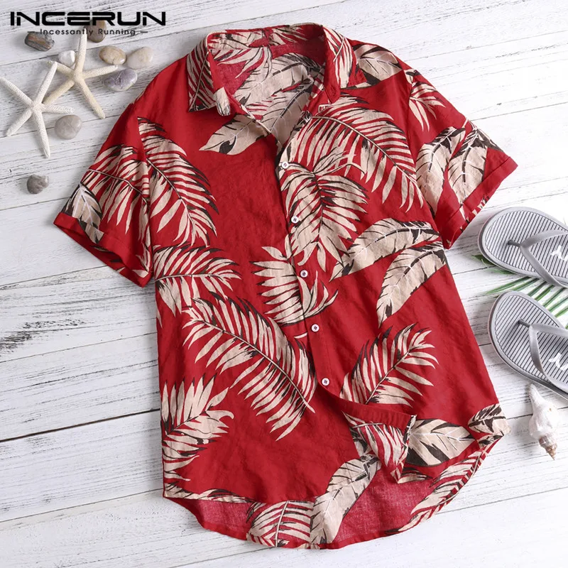 Streetwear Tropical Men Tee Tops Casual Shirt Dress 2020 Hawaiian Red Shirts Loose Cotton Short Sleeve Fashion Hombre Camise | Мужская