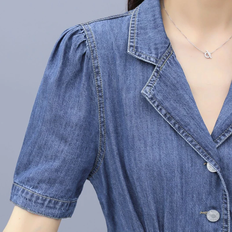 

Women's Midi Denim Dress Temperament Single Breasted High Waist Jeans Dresses Female Summer Short Sleeve Vintage Split Vestidos