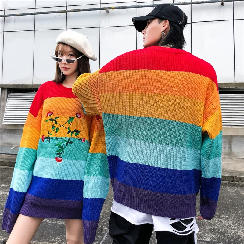 Повседневный полосатый свитер с цветочной вышивкой 2019 Осень Новые мужские |