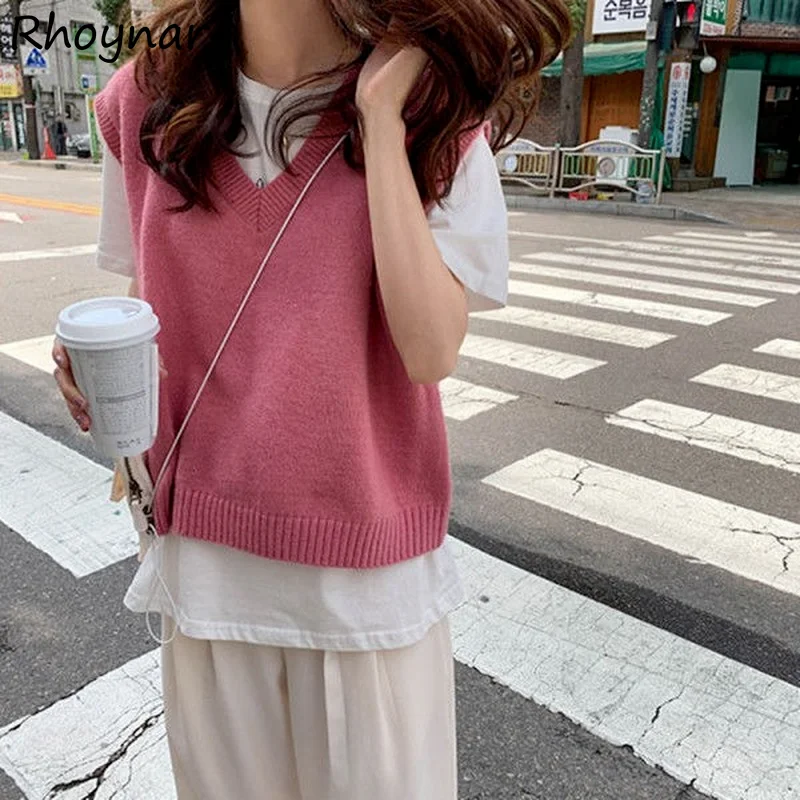 

Sweater Vests Women Solid Fashion Knitted Leisure College All-match Sweet Loose Elegant Ulzzang Sleeveless V-neck Lady Spring