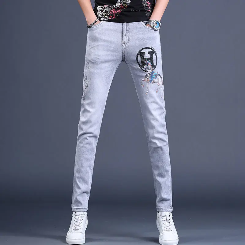 

2021 Men’s High Quality Blue Gray Jeans,Slim-fit Stretch Denim Pants,Street Fashion Horse Prints Jeans,Youth Sexy&Cool Must;