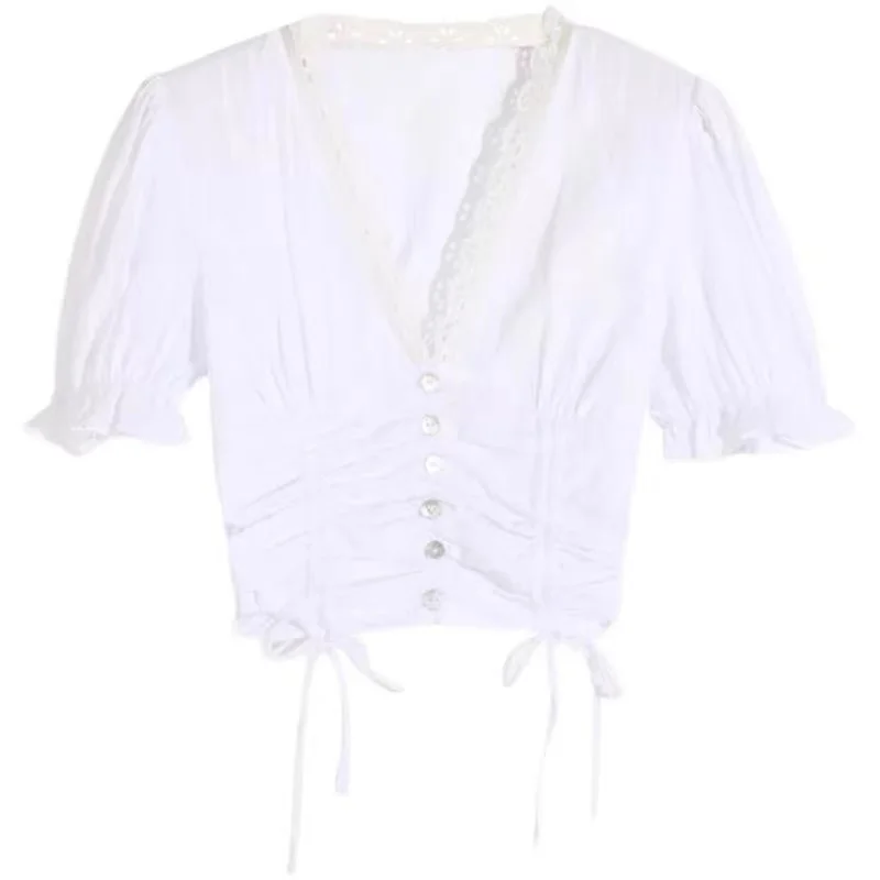

WOMENGAGA New Court Style Deep V-neck Short Sleeve Shirt Hollow Lace Bubble Sleeve Bow Ribbon Ruffle For Woman 8NZ4