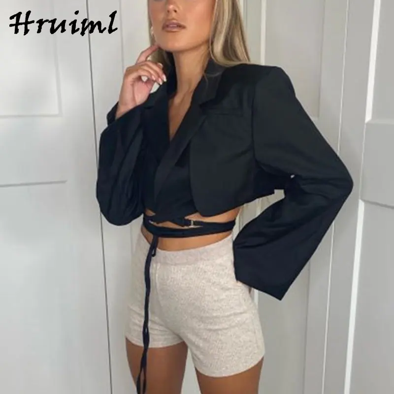 

New Coat Women Sexy Long-sleeved Slim Cropped Tops Strappy Office Lady Fashion Solid Color Spliced Chaquetas Para Mujer