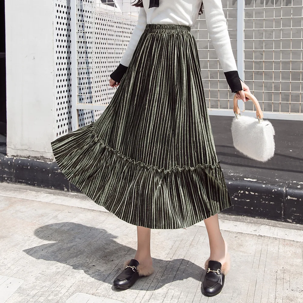 Женская плиссированная юбка до щиколотки однотонная бархатная с высокой талией