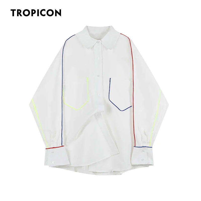 

TROPICON Designer Oversized Button Up Shirt Long Sleeve White Iridescent Strip Collared Loose Shirt Women Tops And Blouses 2021