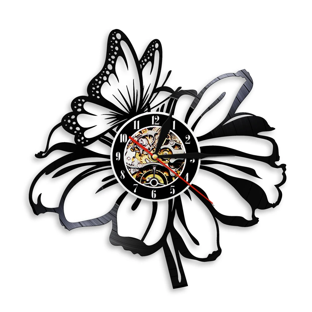 Настенные часы с бабочкой на цветке современный дизайн виниловые природа 3D