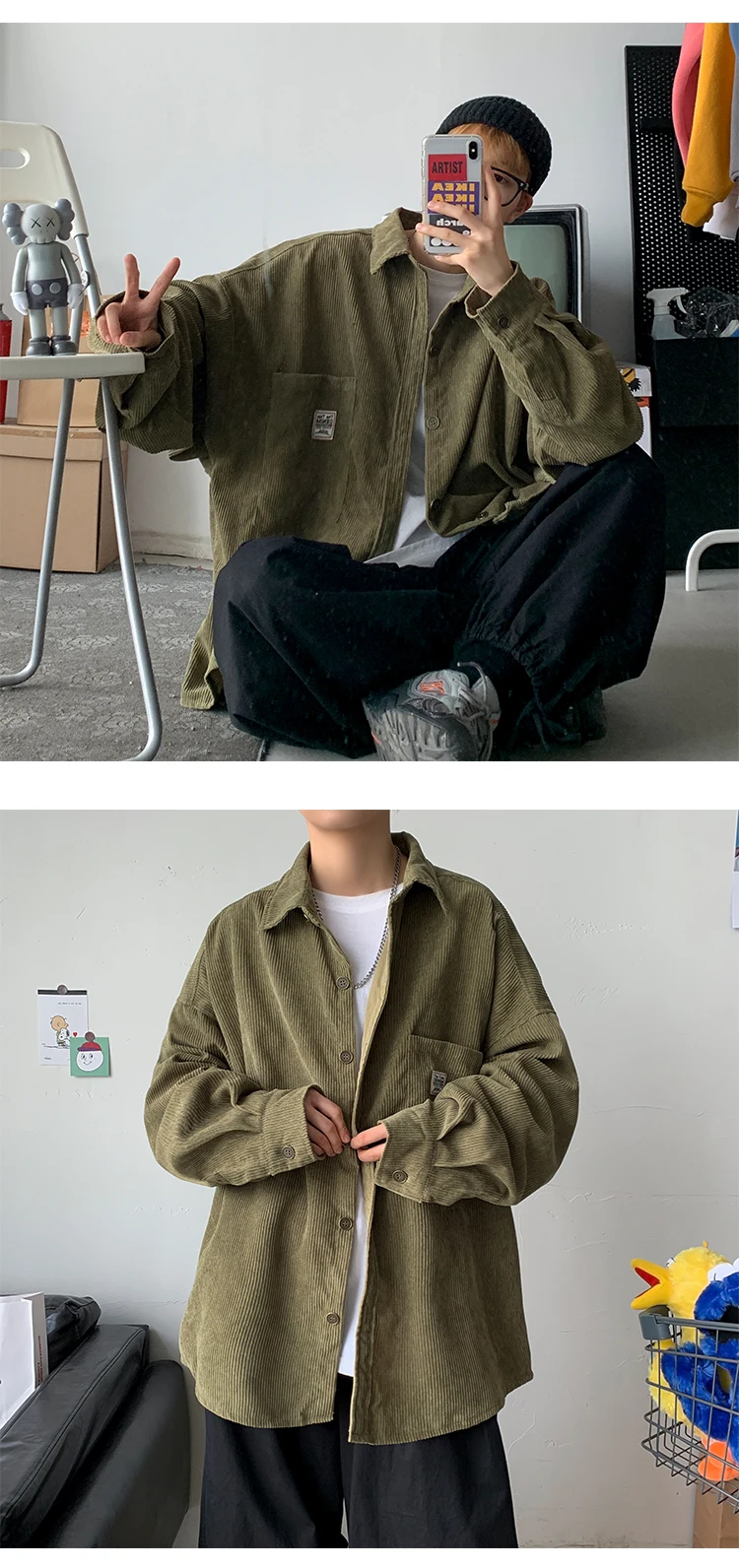 

Fall 2021 Men Corduroy Long Sleeve Shirt Jacket Loose Solid Color Teenager Corduroy Shirt Men Trend 5216
