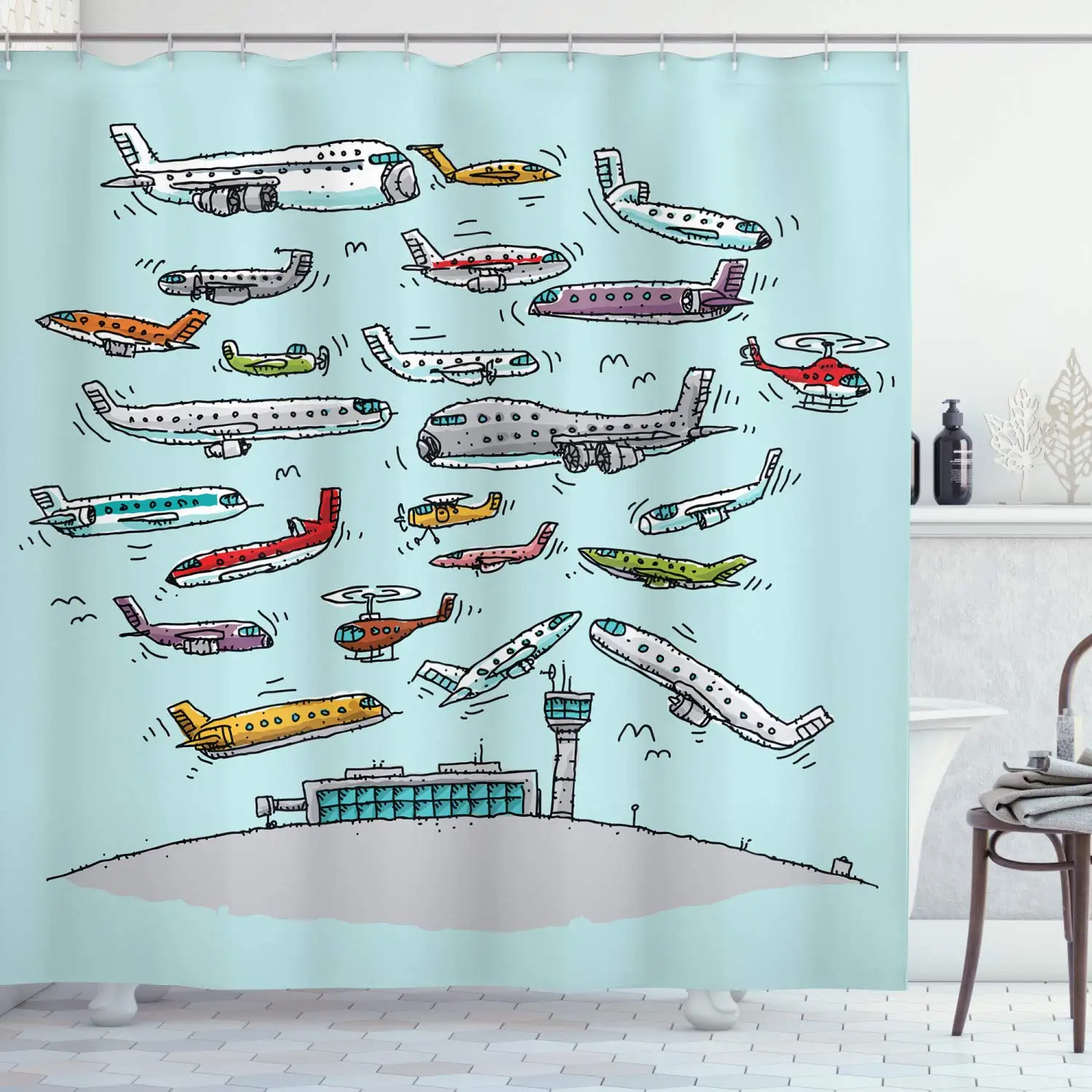 

Airplane Shower Curtain Planes Fying in Air Aviation Love Airport Helicopters and Jets Cartoon Style Print Cloth Bathroom Decor