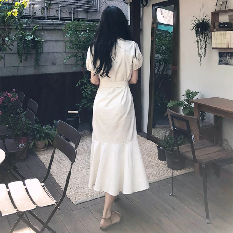Однобортный Летнее Длинное Платье с русалочкой Для женщин в Корейском стиле французский элегантное платье макси с V-образным вырезом Вечерние Платье Винтаж короткий рукав кружево