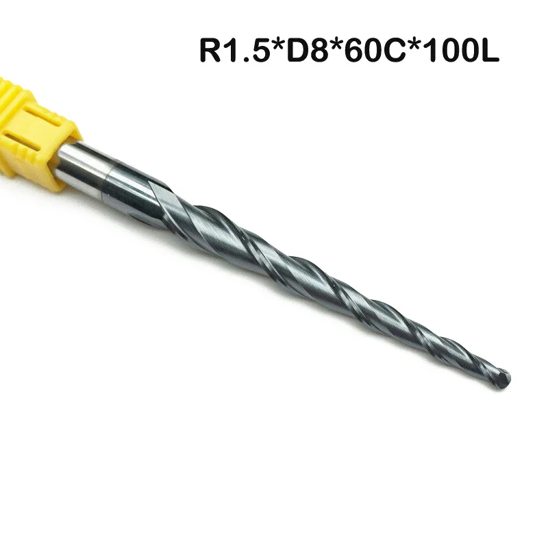 

R1.5*D8*60*100mm 2F Double Flutes HRC55 Taper Ball Nose End Mill CNC Bit Milling
