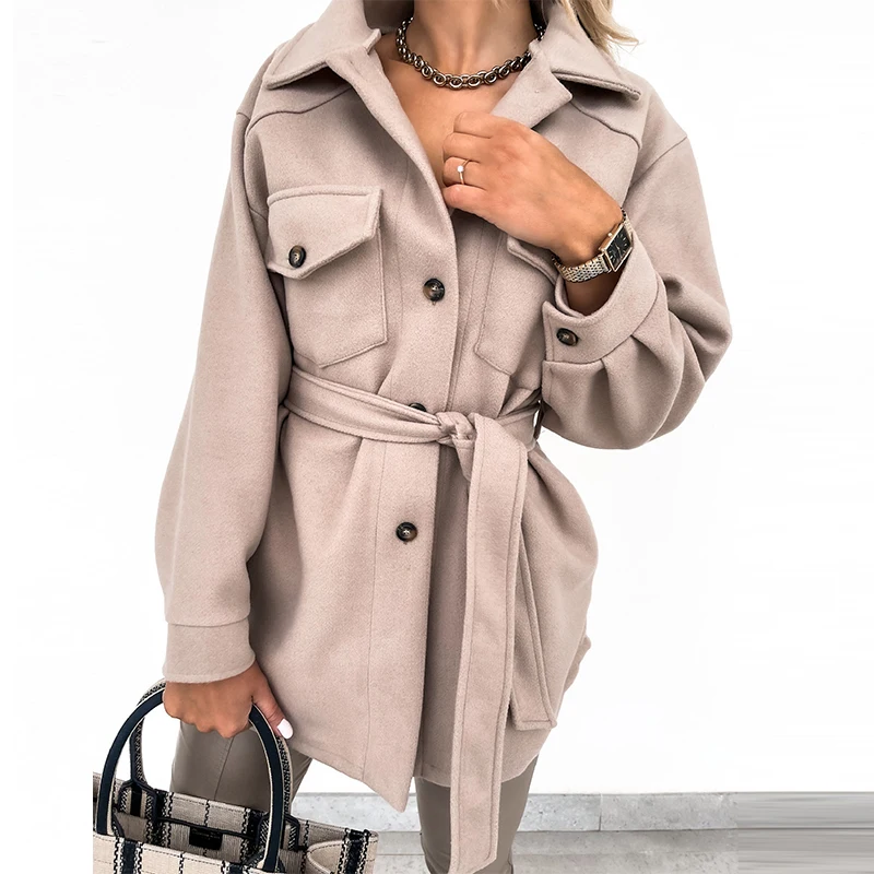 

Women Casual Pocket Lace-Up Outwear Autumn Winter Fashion Lapel Thick Coats Solid Color Woolen Long Sleeve Loose Jacket MidiTops