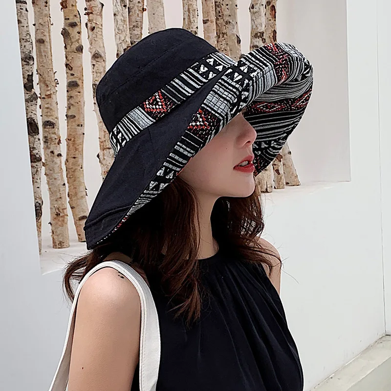 Cotton Bucket Hat ladies Sun Big Eaves Cover Face Fisherman Wild National Style Foldable Double-sided Sunscreen | Аксессуары для