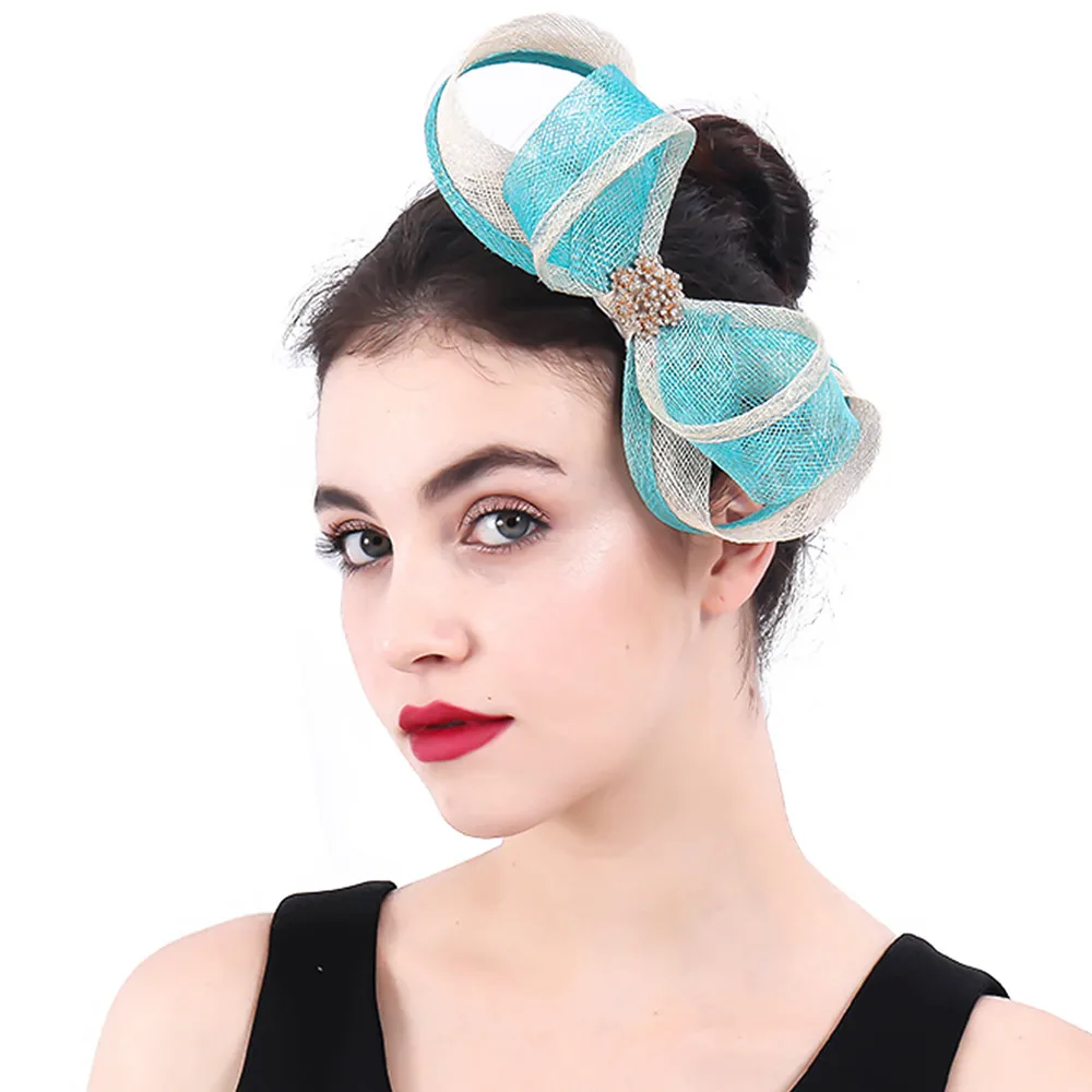 

Turquoise Beige Bow Sinamay Flower Fascinator Ladies Hair Accessories Wedding Hair Clips Women Cute Party Floral Headband SYF400
