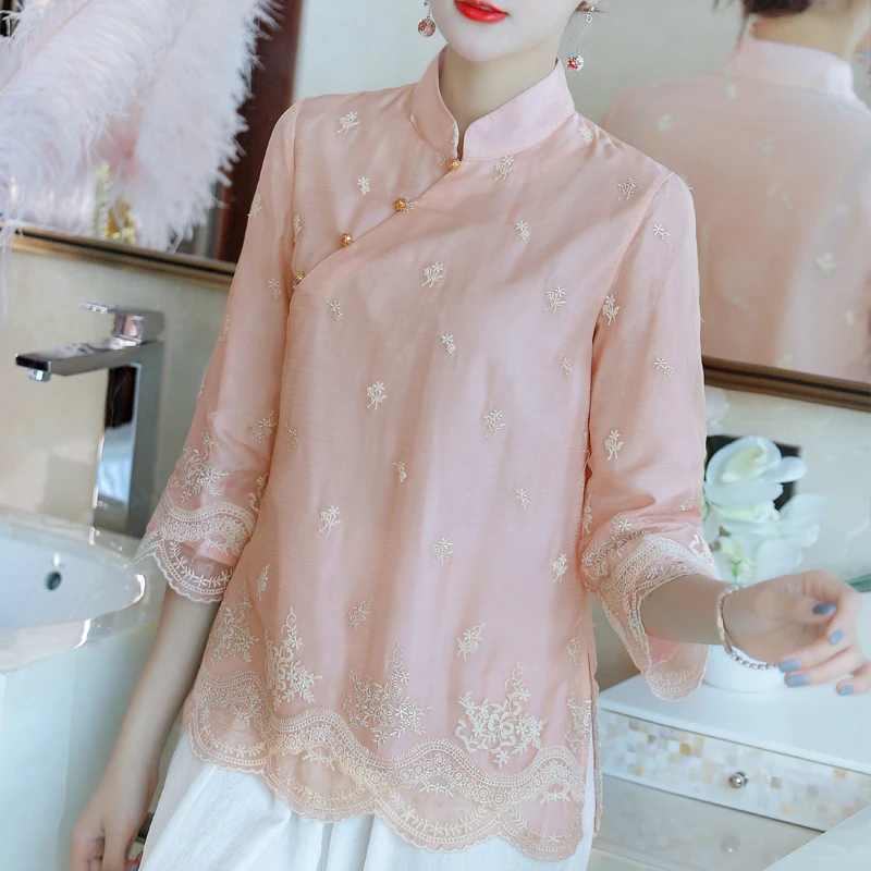 Женская одежда в китайском стиле на весну и осень винтажная блузка с вышивкой