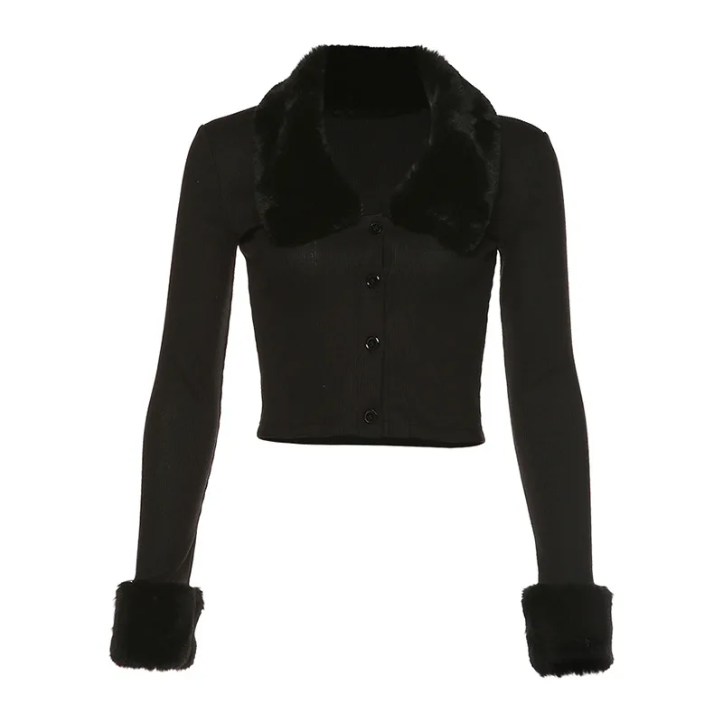 

Black Long Sleeve Women Fluffy Turn-down Collar Button Autumn Women Shirt Warm Cropped Top Slim Elastic Casual Tops