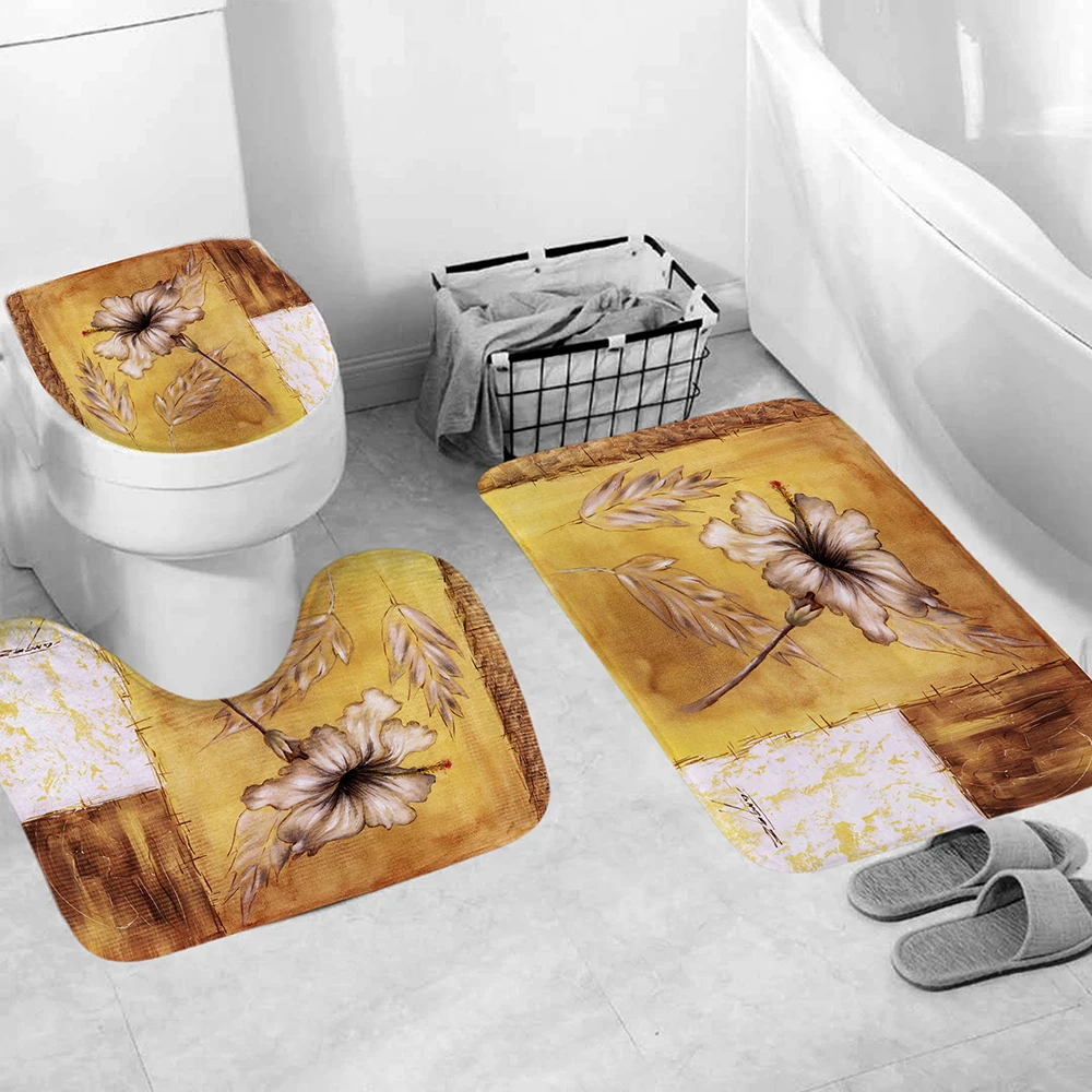 Golden Flower Shower Curtain Mat Set with Carpet Bath Screen for Home Hotel Bathtub Partition Mold Proof Durable Curtains Hooks | Дом и сад