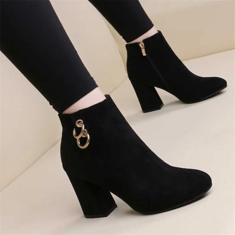 

Comemore Retro Plush Warm Autumn Winter Women's Boot Vintage Block Heel Ankle Boots Zipper High Heels Women Shoes Big Sizes 43