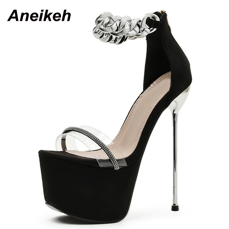 

Aneikeh Summer PVC Women's Shoes Fashion Trend British Style Patchwork Platform Head Peep Toe Thin Heels Crystal Sandalias 35-41