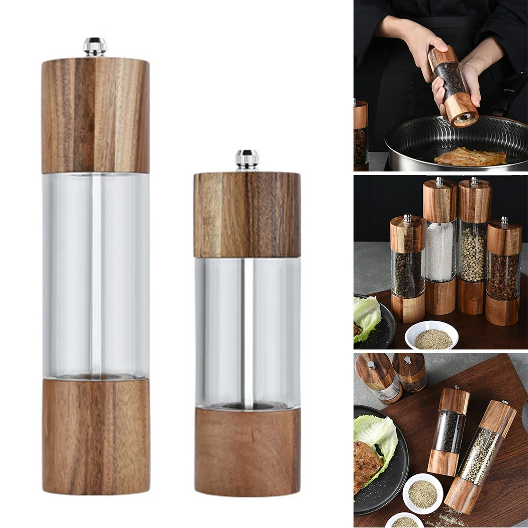 

Manual Salt Pepper Mill Grinder Wooden Muller Seasoning Spice Milling Gadget Rubber Wood + Acrylic+ Ceramics Kitchen Tools