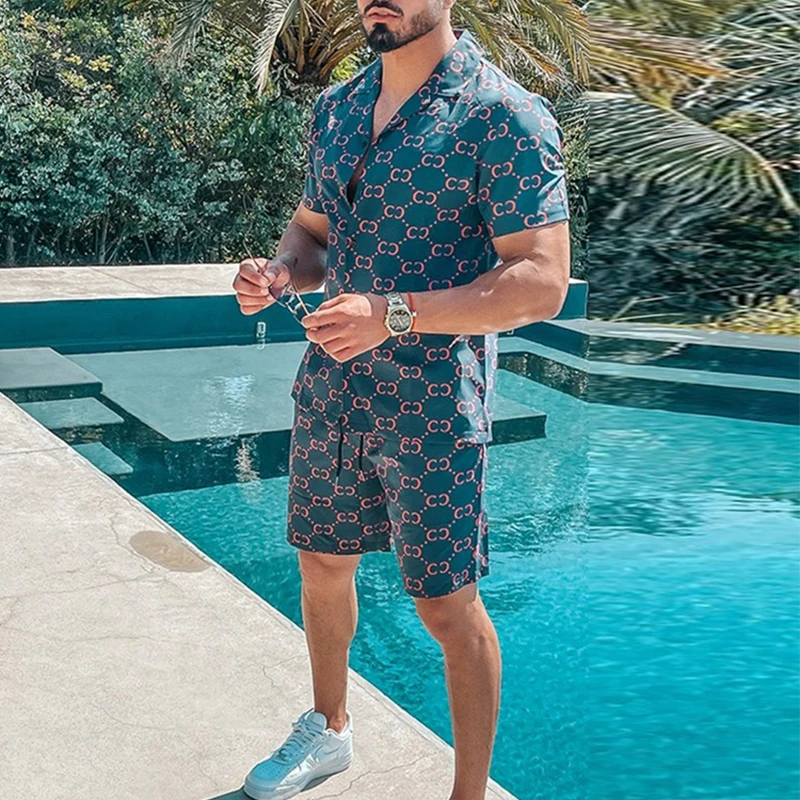 

New Casual Men's Two Piece Sets 2021 Summer Short Sleeve Turn-down Collar Shirt And Shorts Suits For Men Fashion Printed Outfits