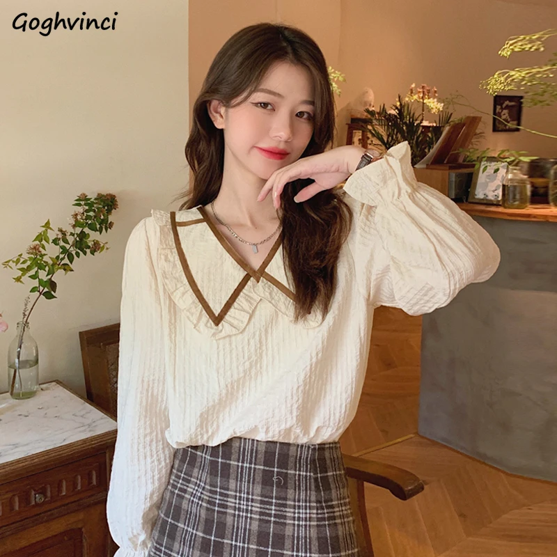 

Blouses Women Peter Pan Collar Preppy Style College Street Wear Teens All-match Leisure Sweet Girls Flare Sleeve Prevalent Chic