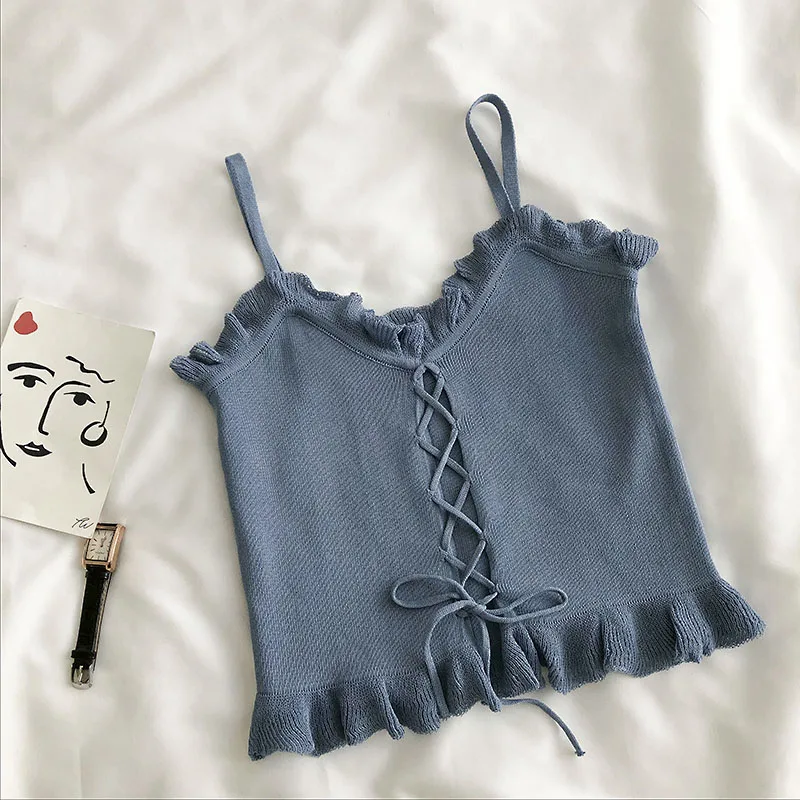 

Женский короткий топ на завязках, однотонный Повседневный Топ без рукавов с оборками, майка на лето, 2021