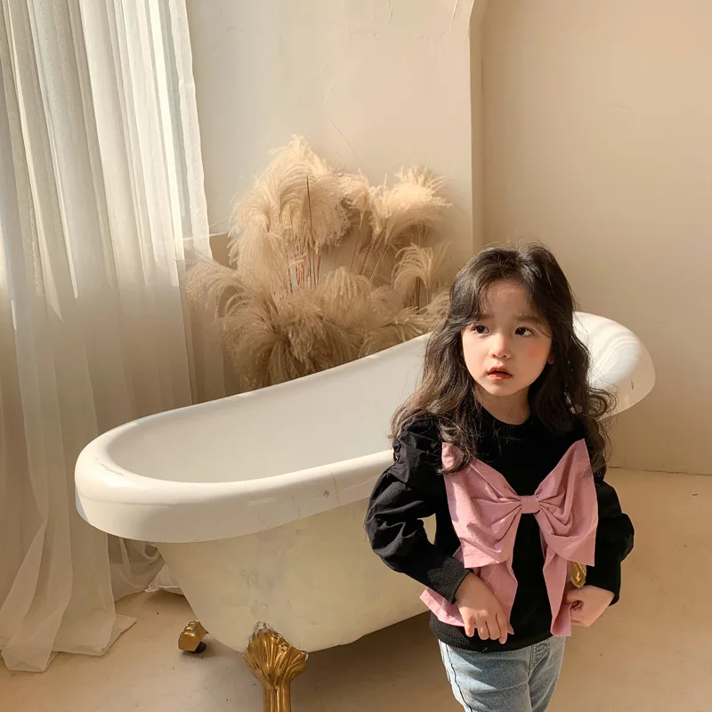 

Keelorn Baby Girls Bow Sweatshirts 2021 New Spring Children Puff Sleeve Top Korean Style Kids Solid Clothes for Girl Sweater