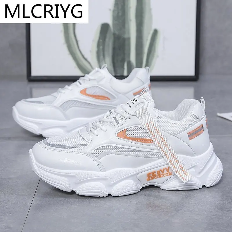 

2021 Women Chunky Sneakers New Fashion Women Platform Shoes Lace Up Mesh Breathable Vulcanize Shoes Low-heeled Women Shoes