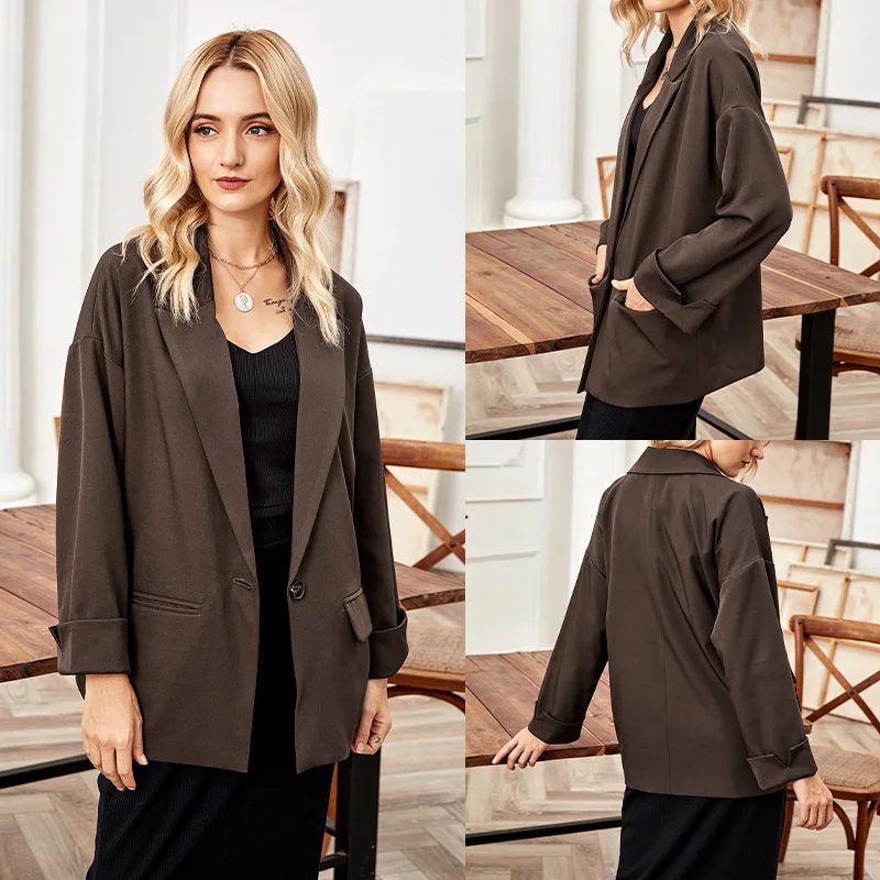

Spring/Autumn Suit Coat Brown Elegant Long Sleeve Loose Double Pocket Lapel Jacket One Button Simple Business Elegant Lady Wear