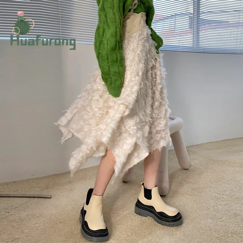 

Женская кожаная юбка средней длины, бежевая плиссированная юбка неправильной формы с высокой талией и поясом на резинке в Корейском стиле, ...