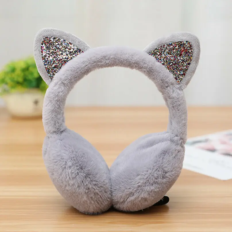 Серый Модные женские зимние меховые ухо теплые наушники с кошачьими ушками, наушники с блестками, наушники с повязкой на голову, новинка - Цвет: Серый