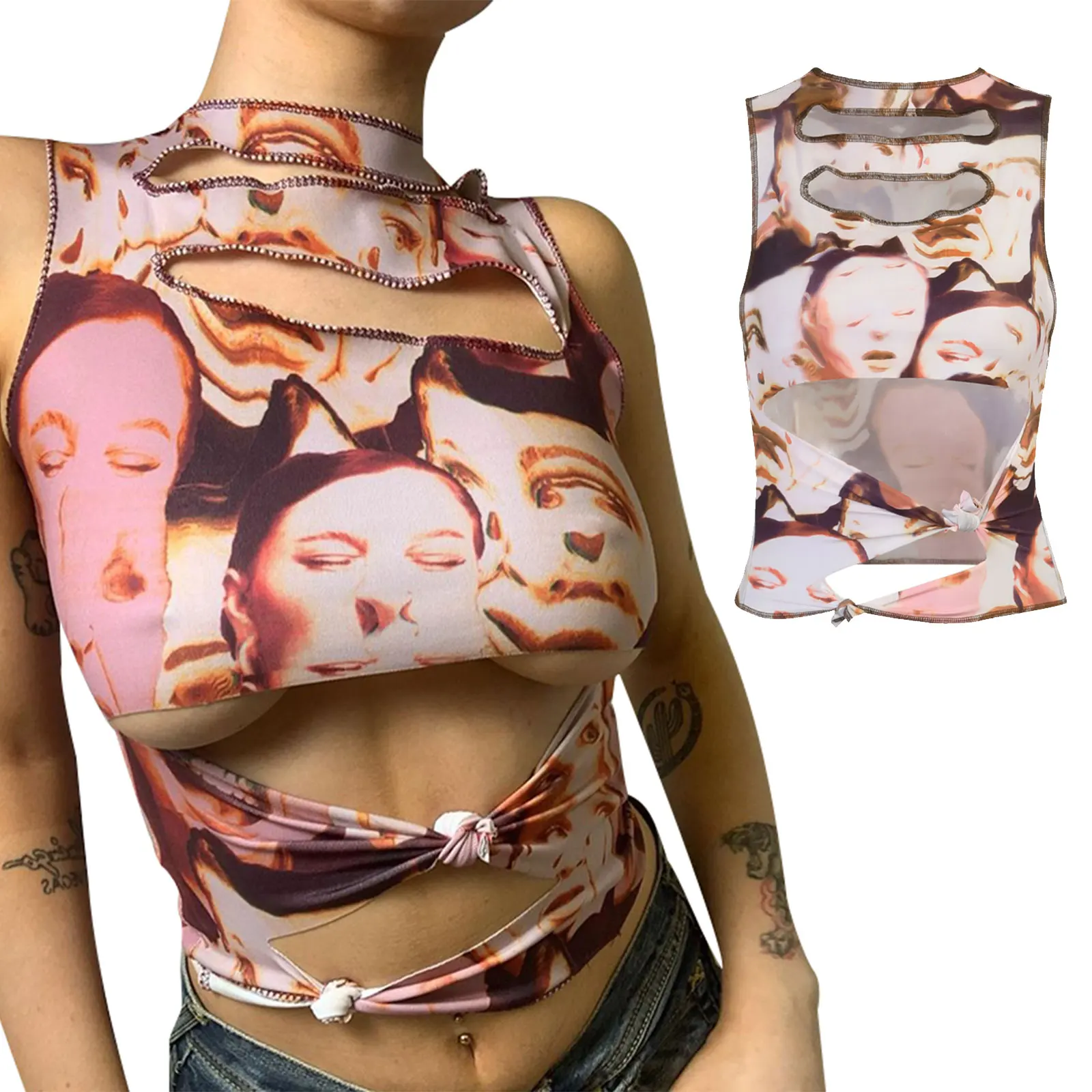 

Women Tank with Chic Print, Sexy Hollow Decoration Skinny Fit Style Summer Clothing